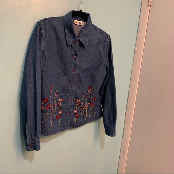 Paul Harris Denim Button-Up Collared Front Embroidered Long Sleeve Blouse, Med. - Picture 2 of 7